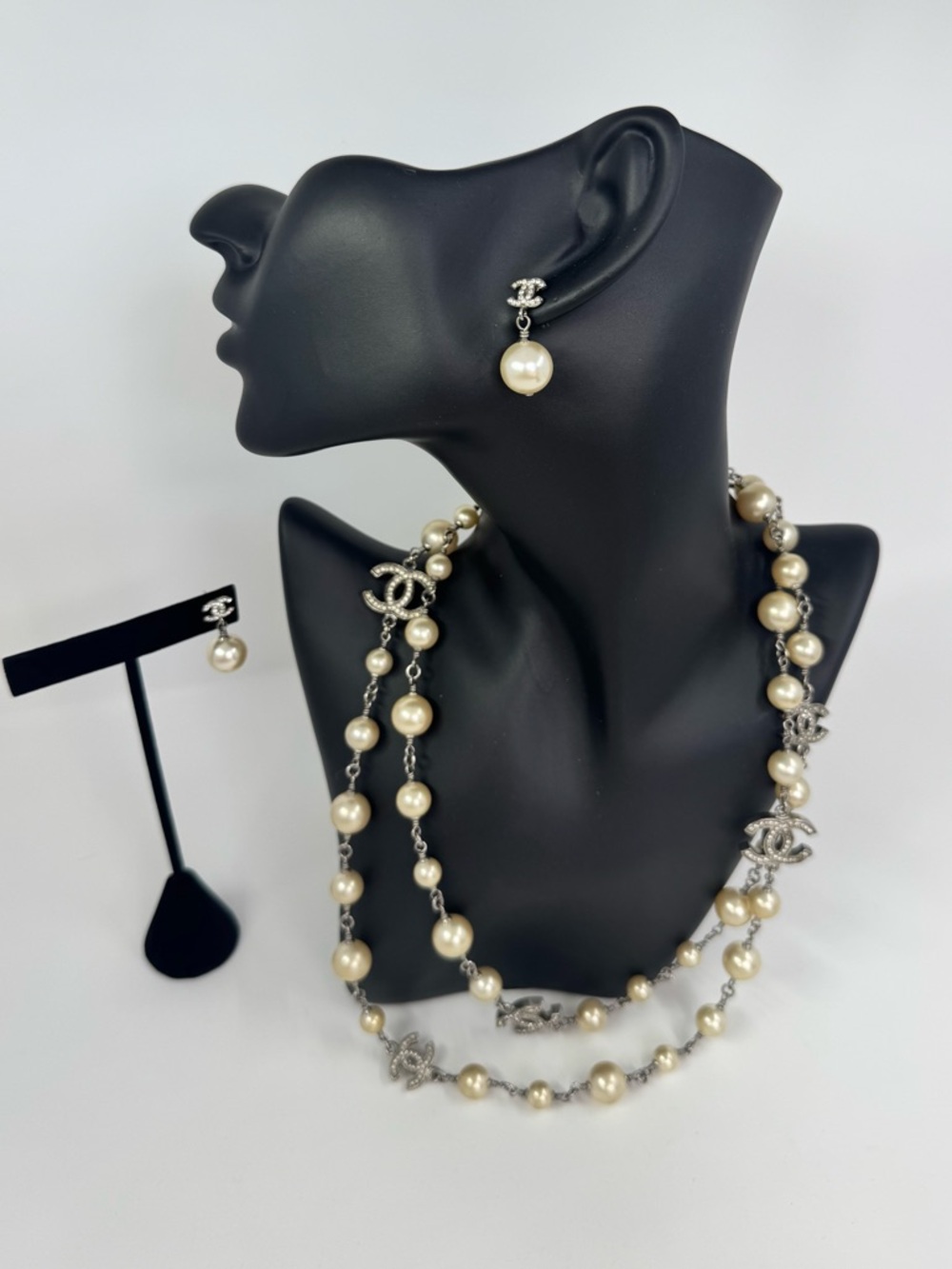 Auth CHANEL Faux Pearl CC Drop Earrings and Long Faux Pearl Necklace Bundle Set